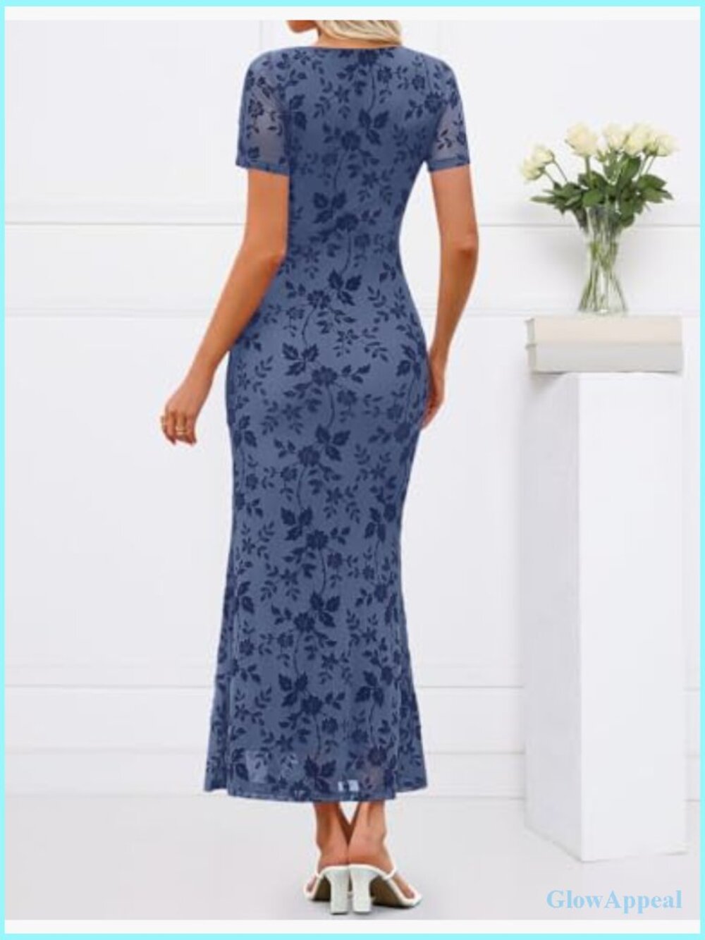 Women Square Neck Mermaid Maxi Dress Short Sleeve Floral Bodycon Formal - Picture 4 of 7